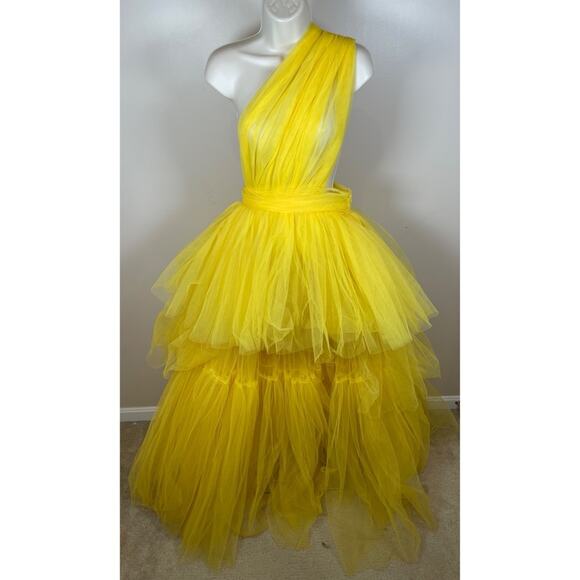 Bronx and Banco Anna One Shoulder Tiered Tulle Yellow Sheer Maxi Gown Size XS - Picture 5 of 16